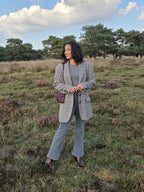 Grijze gebreide vintage blazer met bruin en blauw patroon | XL