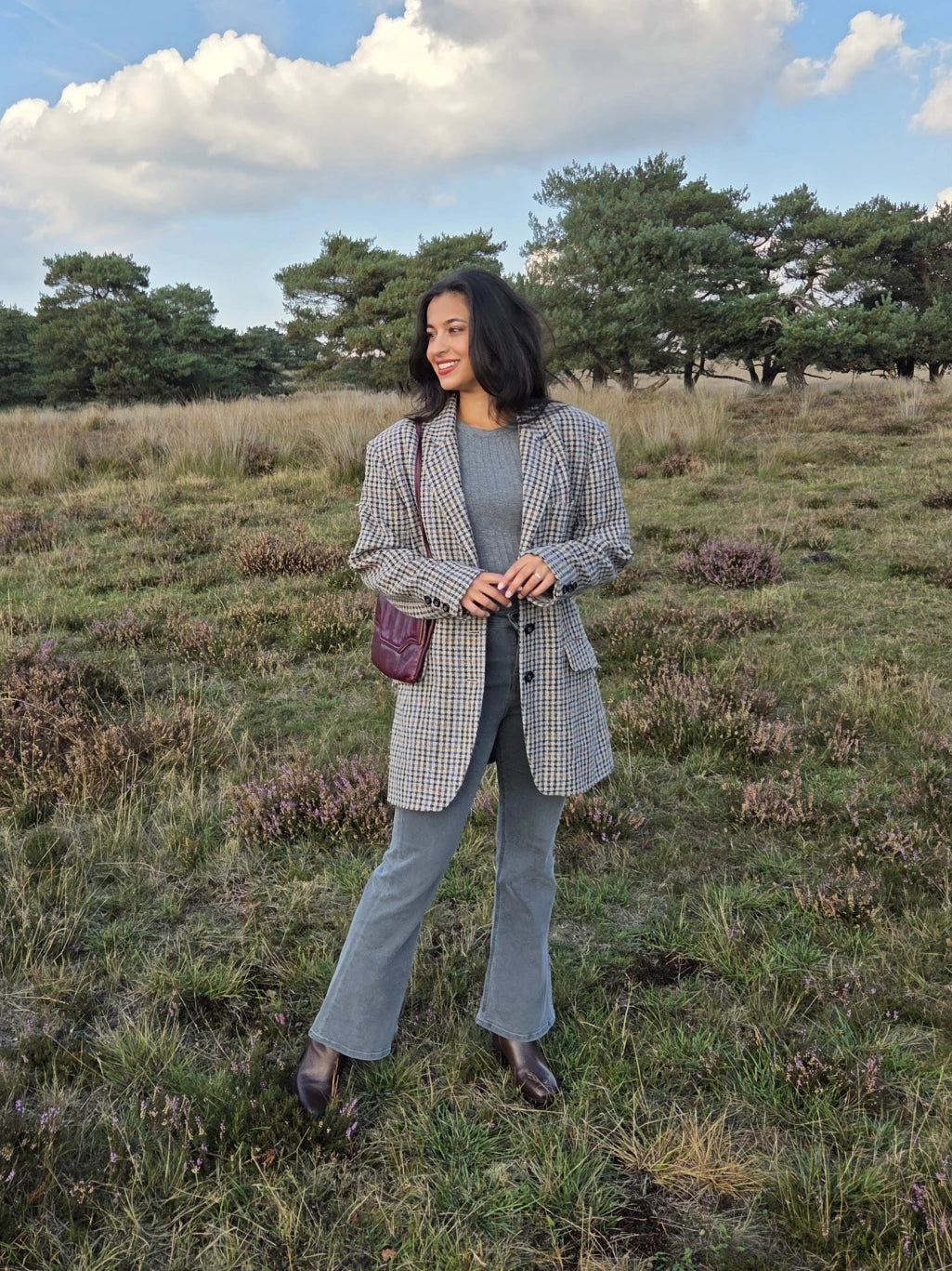 Grijze gebreide vintage blazer met bruin en blauw patroon | XL