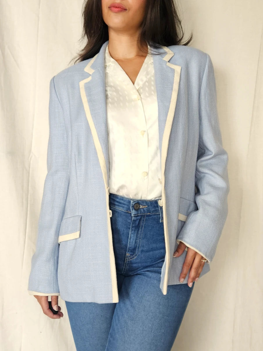 Lichtblauwe vintage blazer van zijde en wol | M