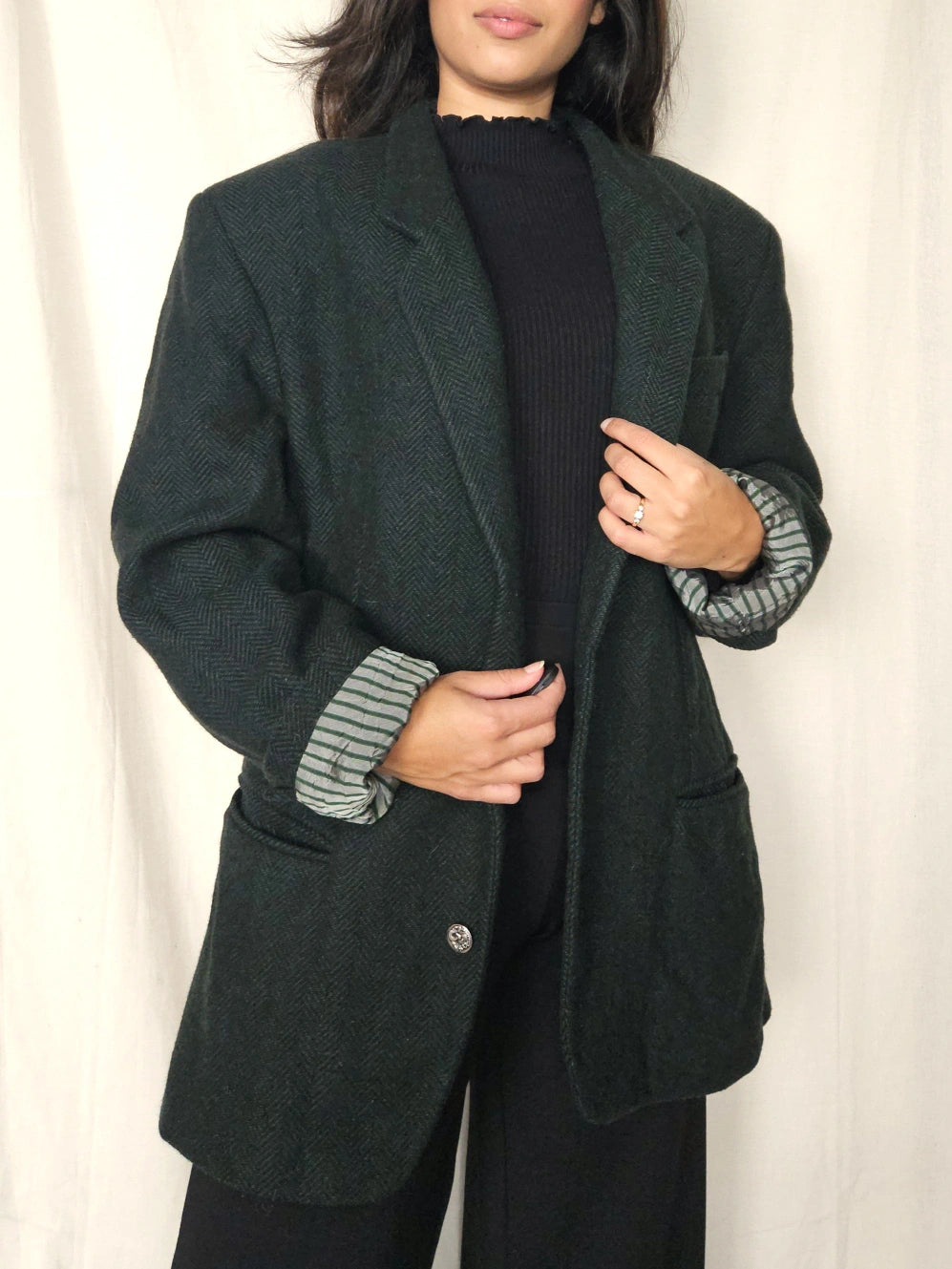 Donkergroene visgraat blazer met alpaca | 3XL