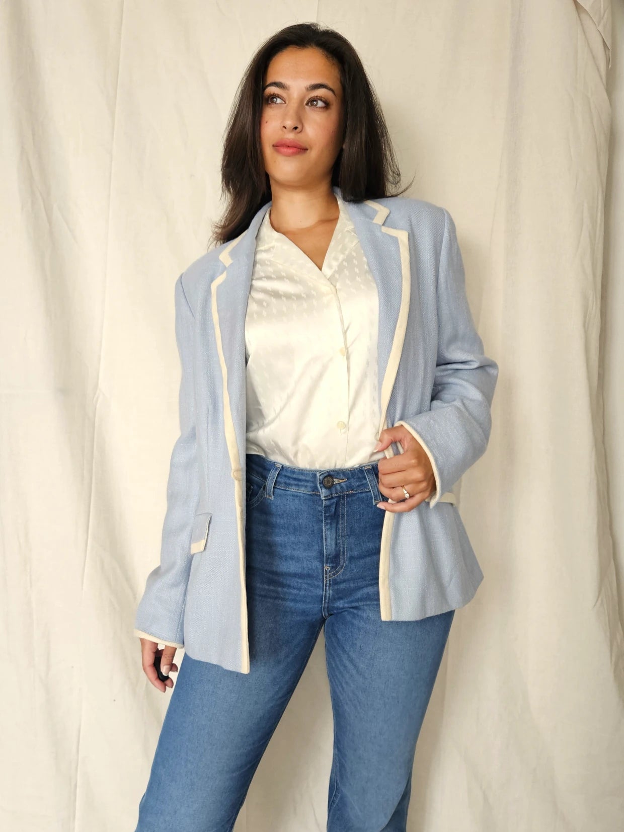 Lichtblauwe vintage blazer van zijde en wol | M