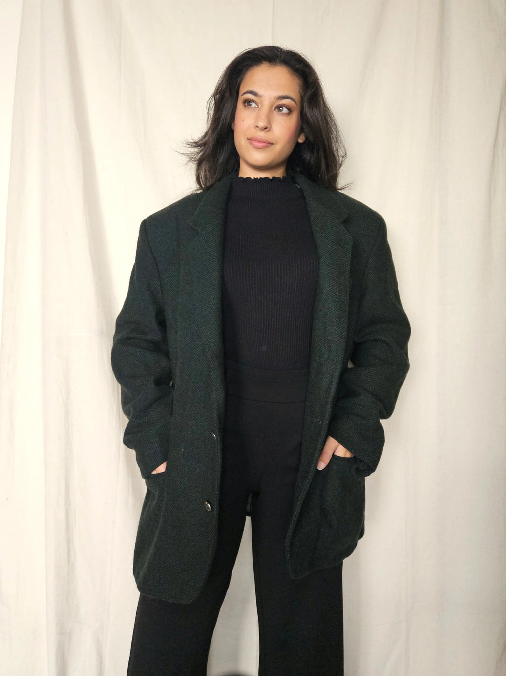 Donkergroene visgraat blazer met alpaca | 3XL