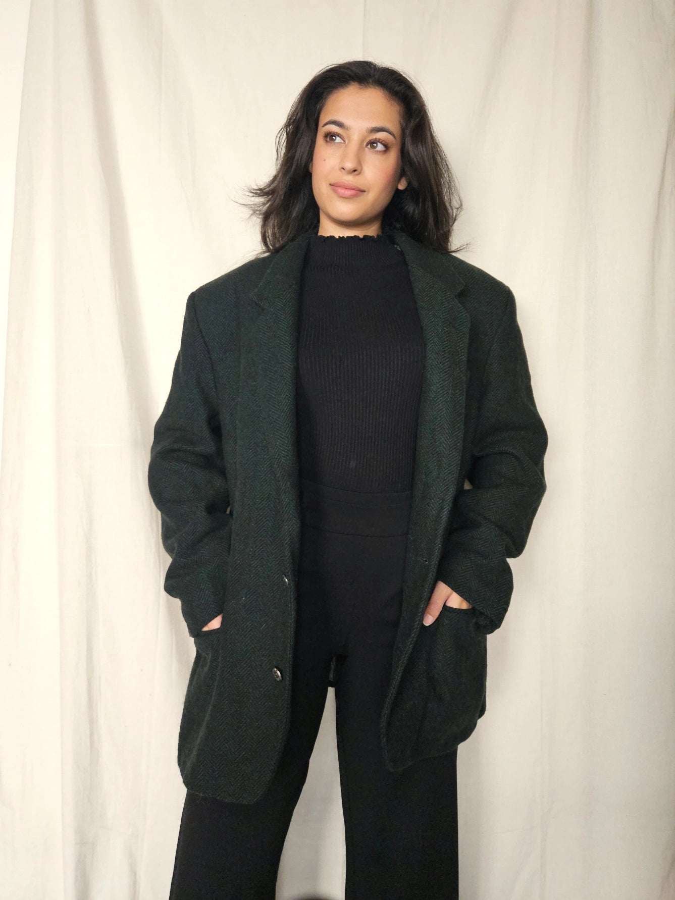 Donkergroene visgraat blazer met alpaca | 3XL