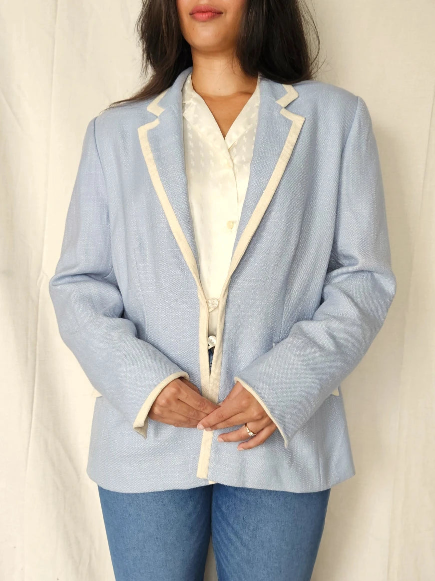 Lichtblauwe vintage blazer van zijde en wol | M