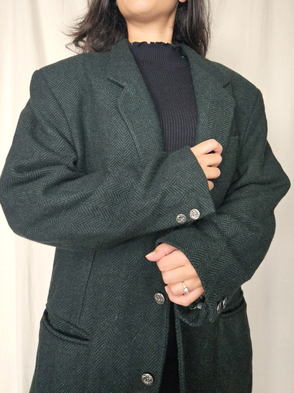 Donkergroene visgraat blazer met alpaca | 3XL