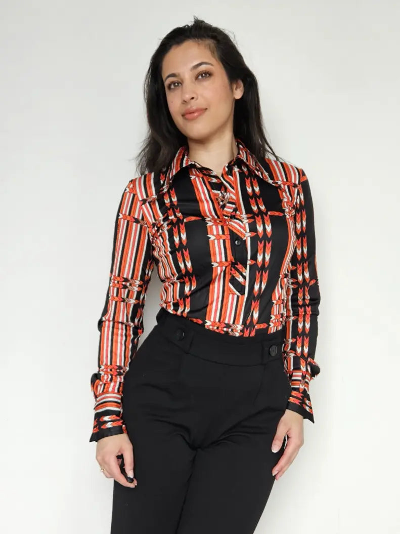 Silky vintage blouse zwart met oranje | S