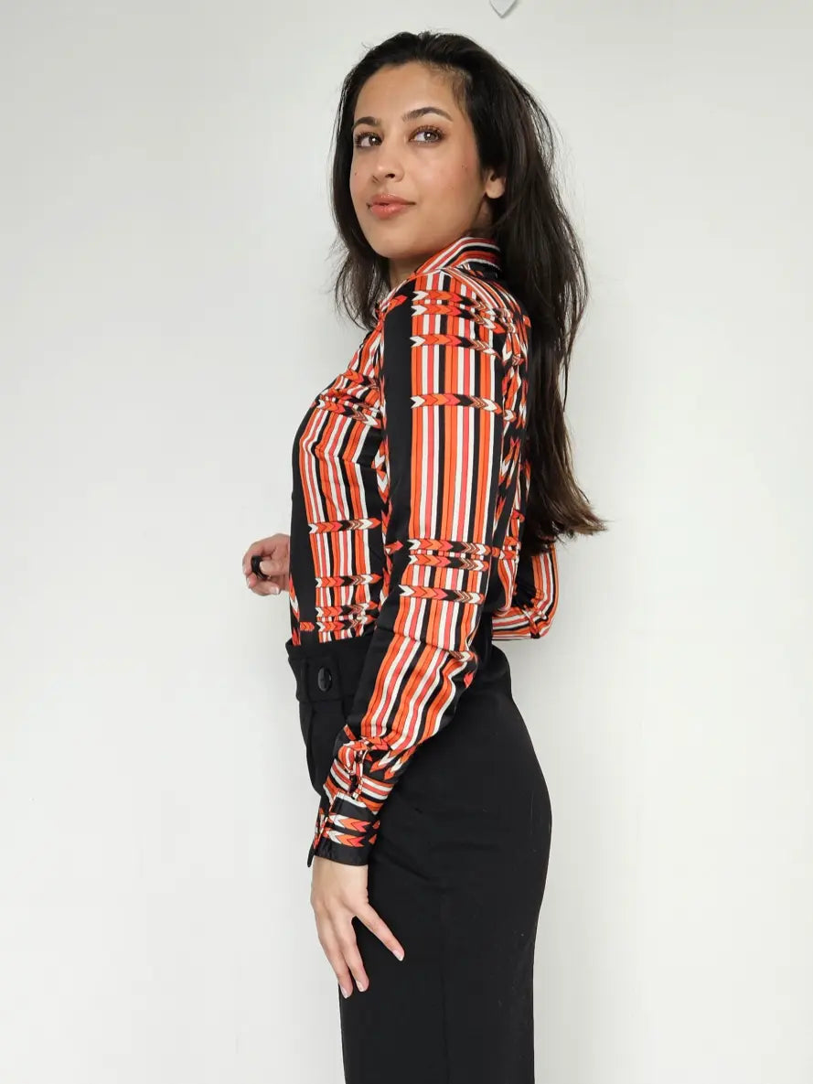 Silky vintage blouse zwart met oranje | S