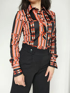 Silky vintage blouse zwart met oranje | S
