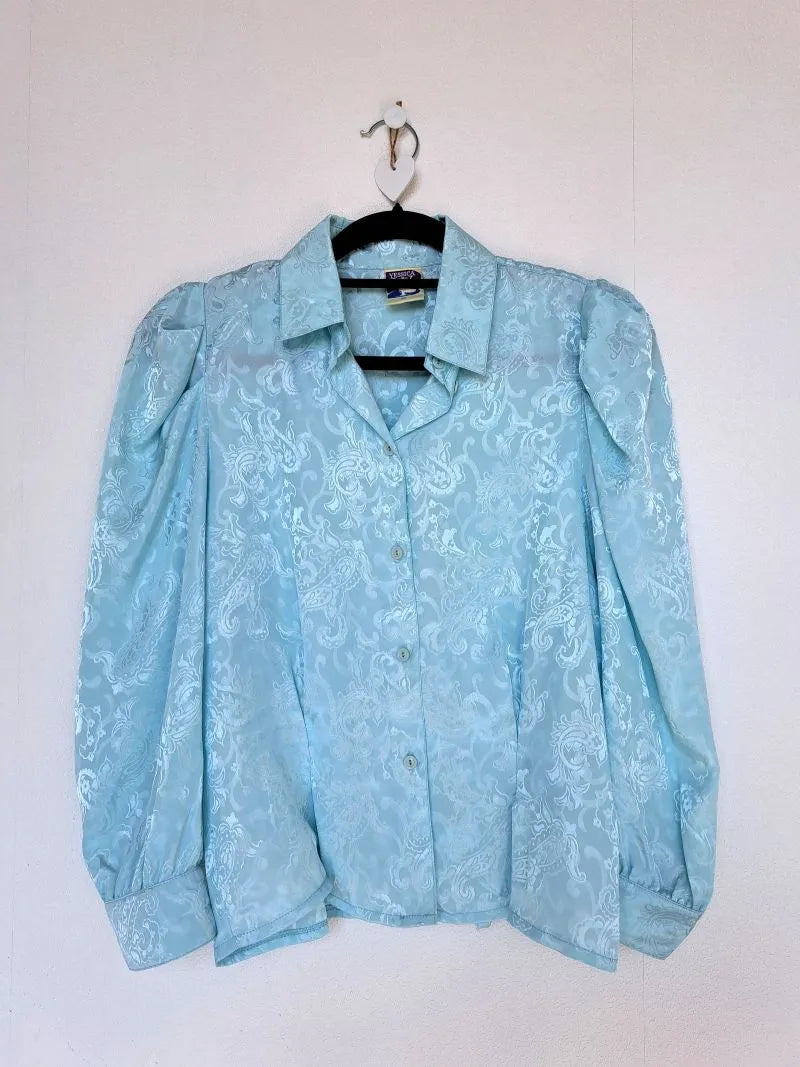 Shiny lichtblauwe vintage blouse | M