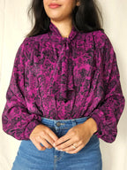 Paarse vintage blouse met pussy bow | M