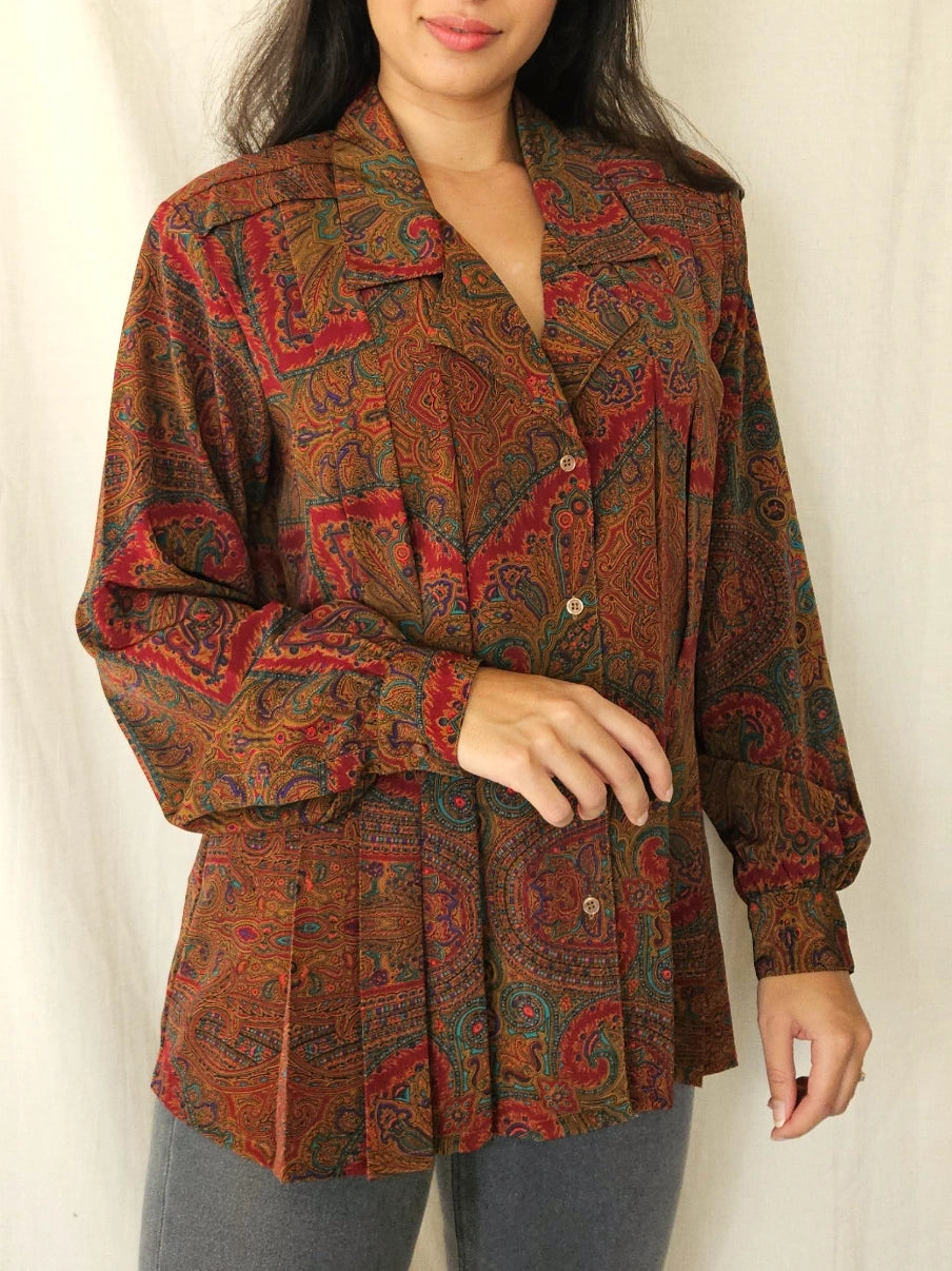 Herfstkleuren vintage blouse met plooien | L