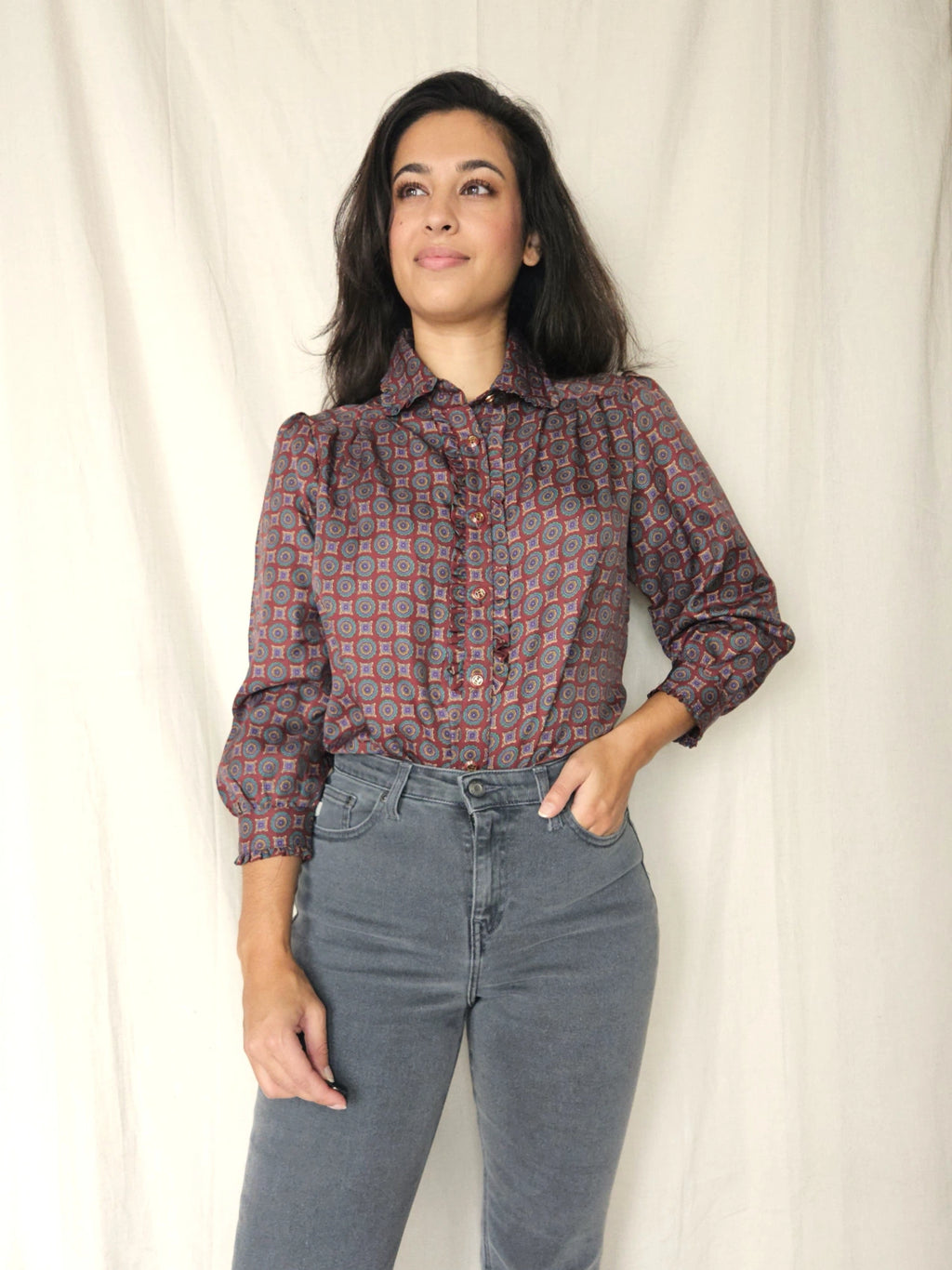 Lichtrode vintage blouse met ruffles | XS/S