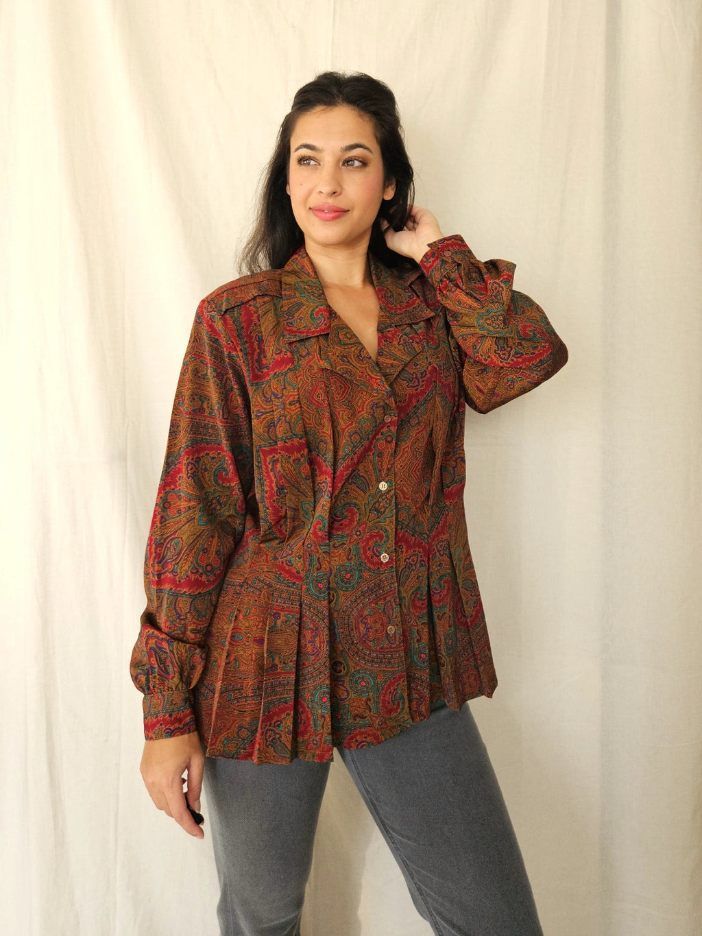 Herfstkleuren vintage blouse met plooien | L