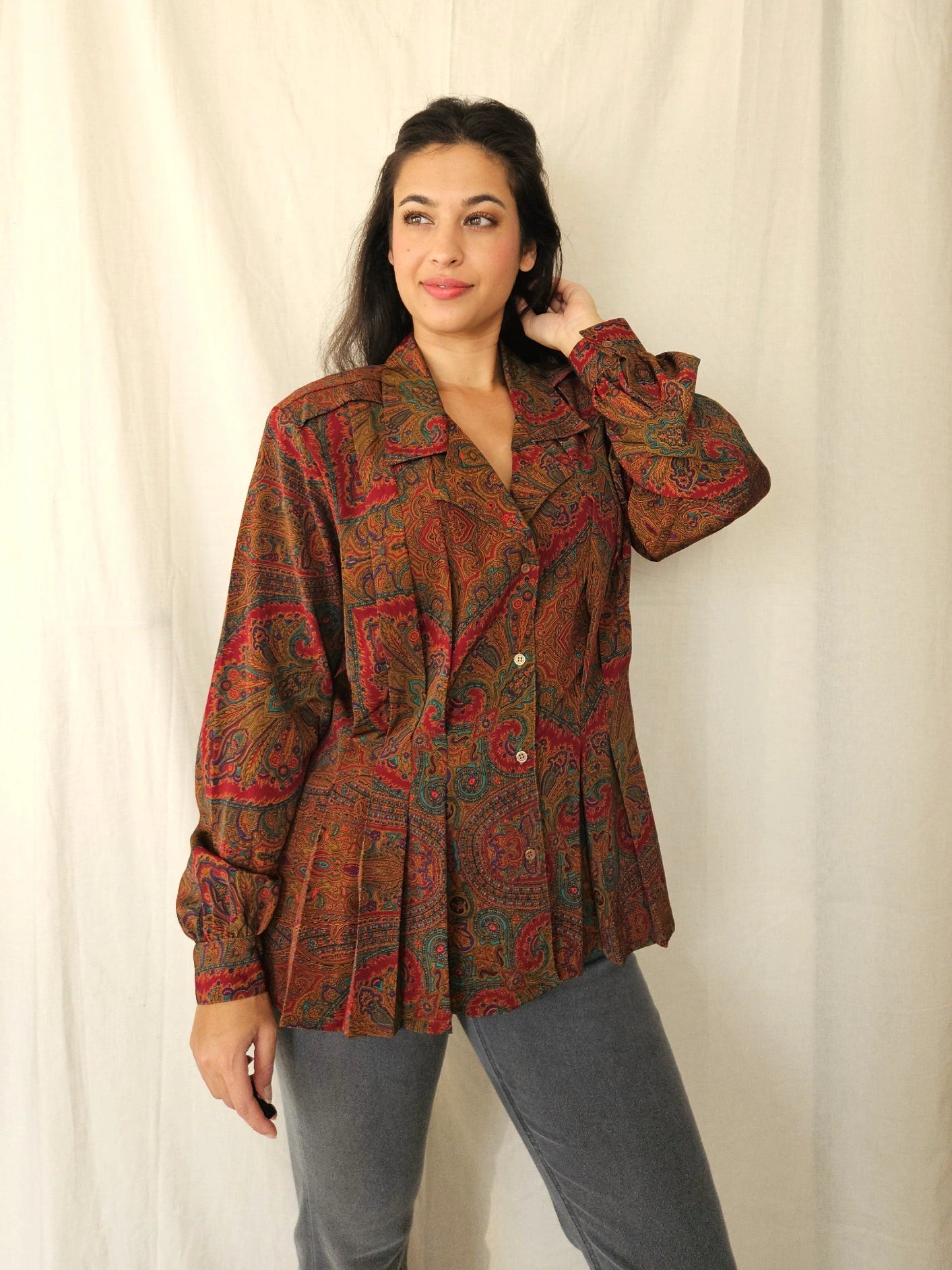 Herfstkleuren vintage blouse met plooien | L