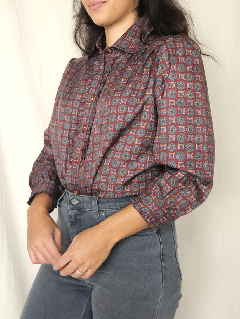 Lichtrode vintage blouse met ruffles | XS/S