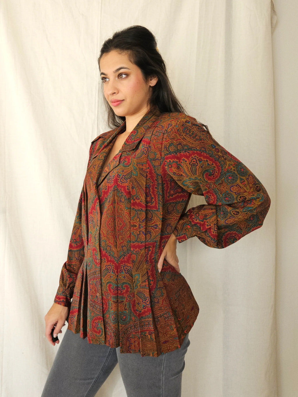 Herfstkleuren vintage blouse met plooien | L