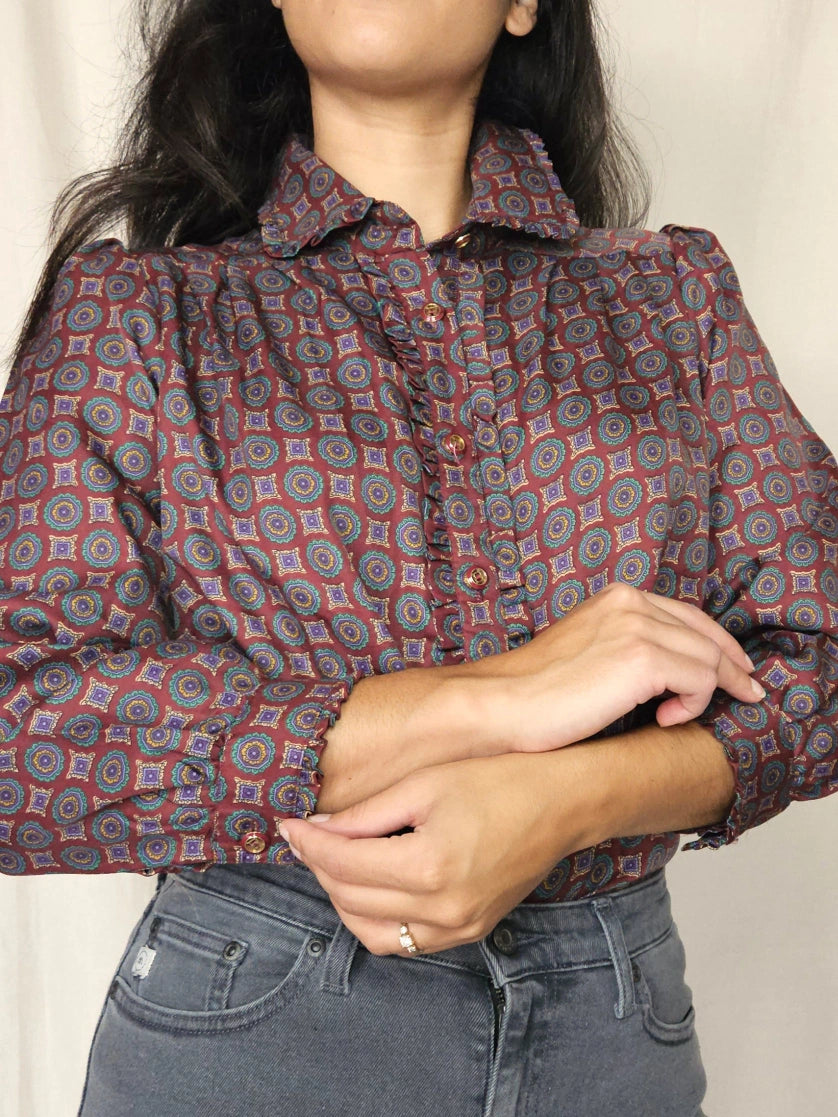 Lichtrode vintage blouse met ruffles | XS/S