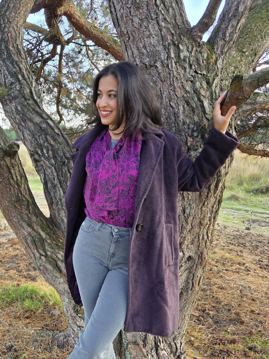 Paarse vintage blouse met pussy bow | M