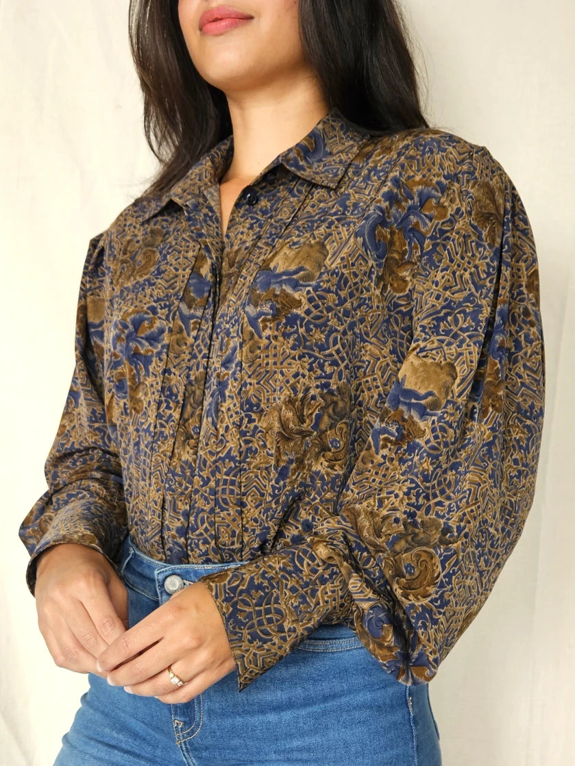 Zachte vintage blouse met donkerblauwe en bruine print | L/XL