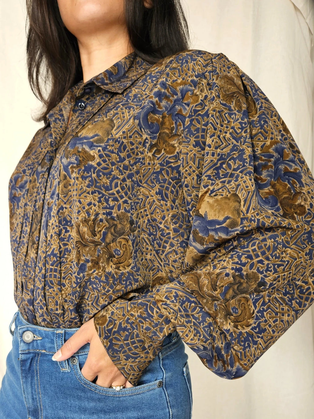 Zachte vintage blouse met donkerblauwe en bruine print | L/XL