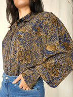 Zachte vintage blouse met donkerblauwe en bruine print | L/XL