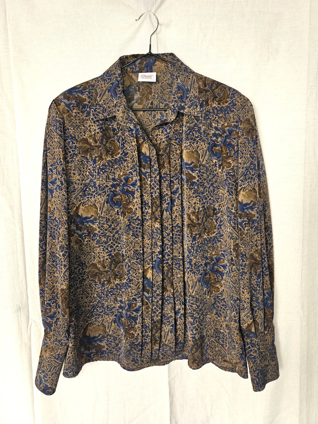 Zachte vintage blouse met donkerblauwe en bruine print | L/XL