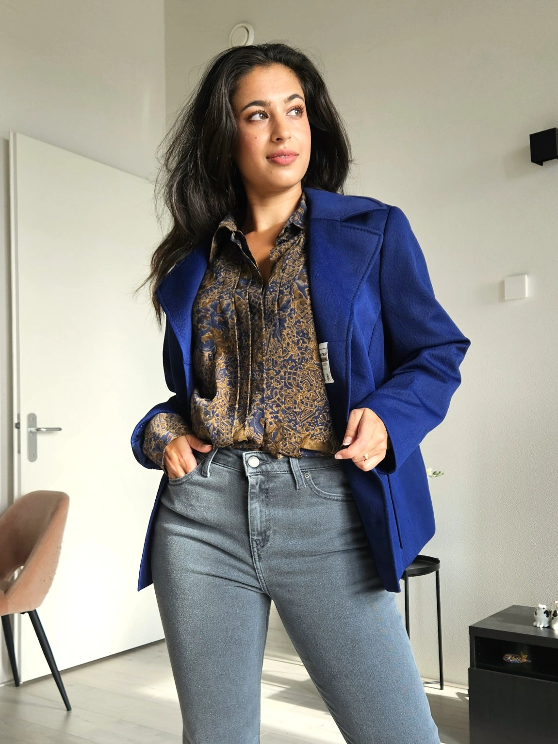 Zachte vintage blouse met donkerblauwe en bruine print | L/XL