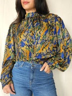 Gekleurde vintage blouse met strik achter | L