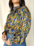 Gekleurde vintage blouse met strik achter | L