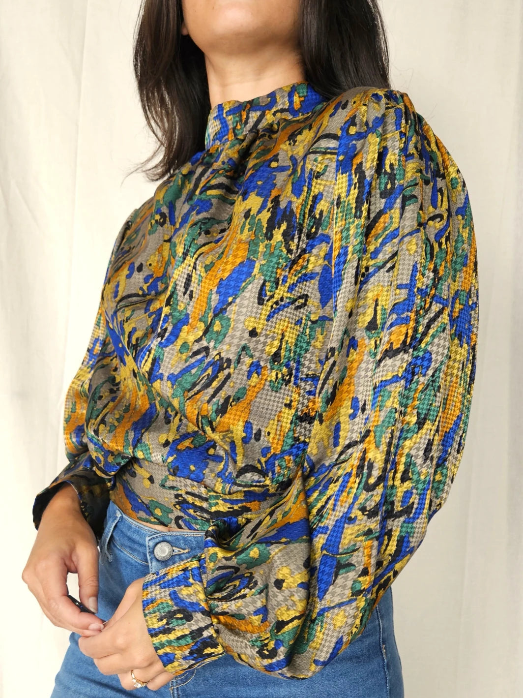 Gekleurde vintage blouse met strik achter | L