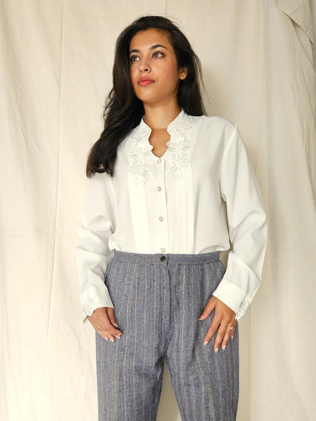 Witte vintage blouse met applicatie bloemen | L