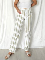 Witte katoenen vintage broek met zwarte en gele strepen | XL (32/30)