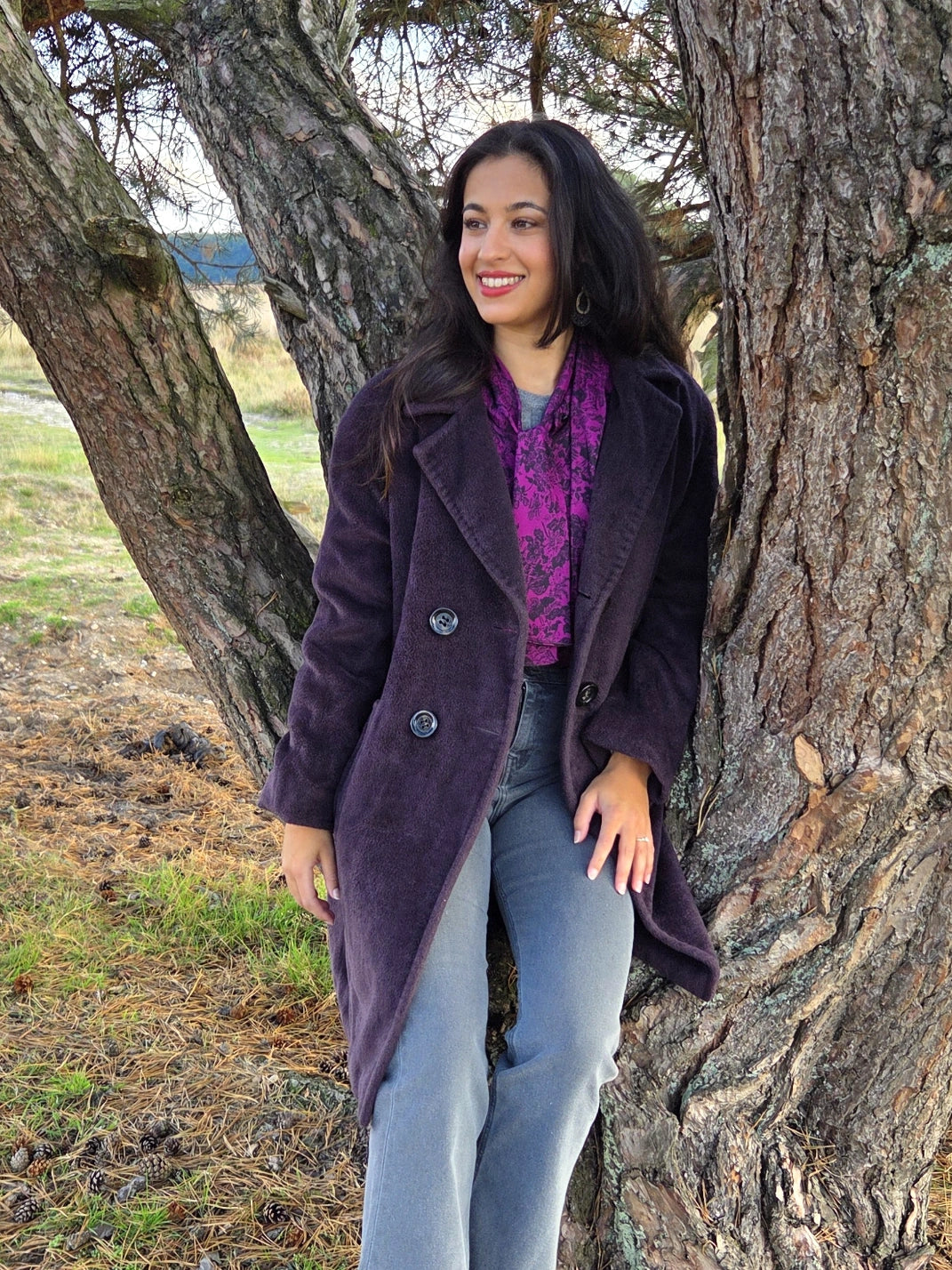 Donkerpaarse vintage mantel van wol en kasjmier | M