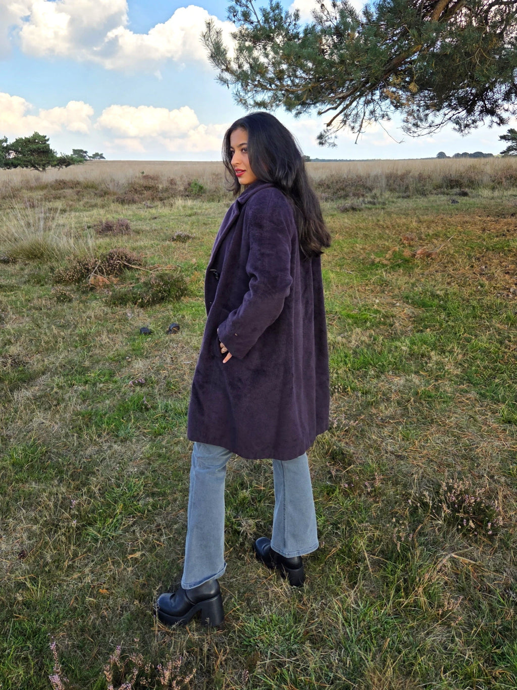 Donkerpaarse vintage mantel van wol en kasjmier | M