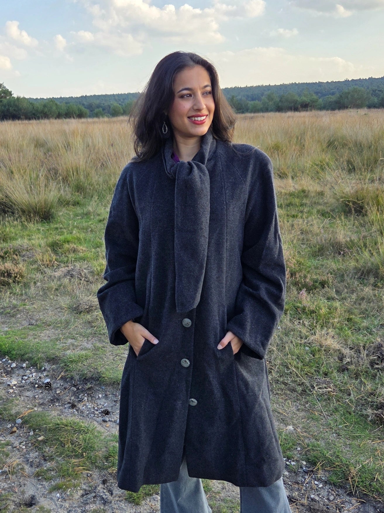 Lange donkergrijze vintage mantel van wol en kasjmier | M/L