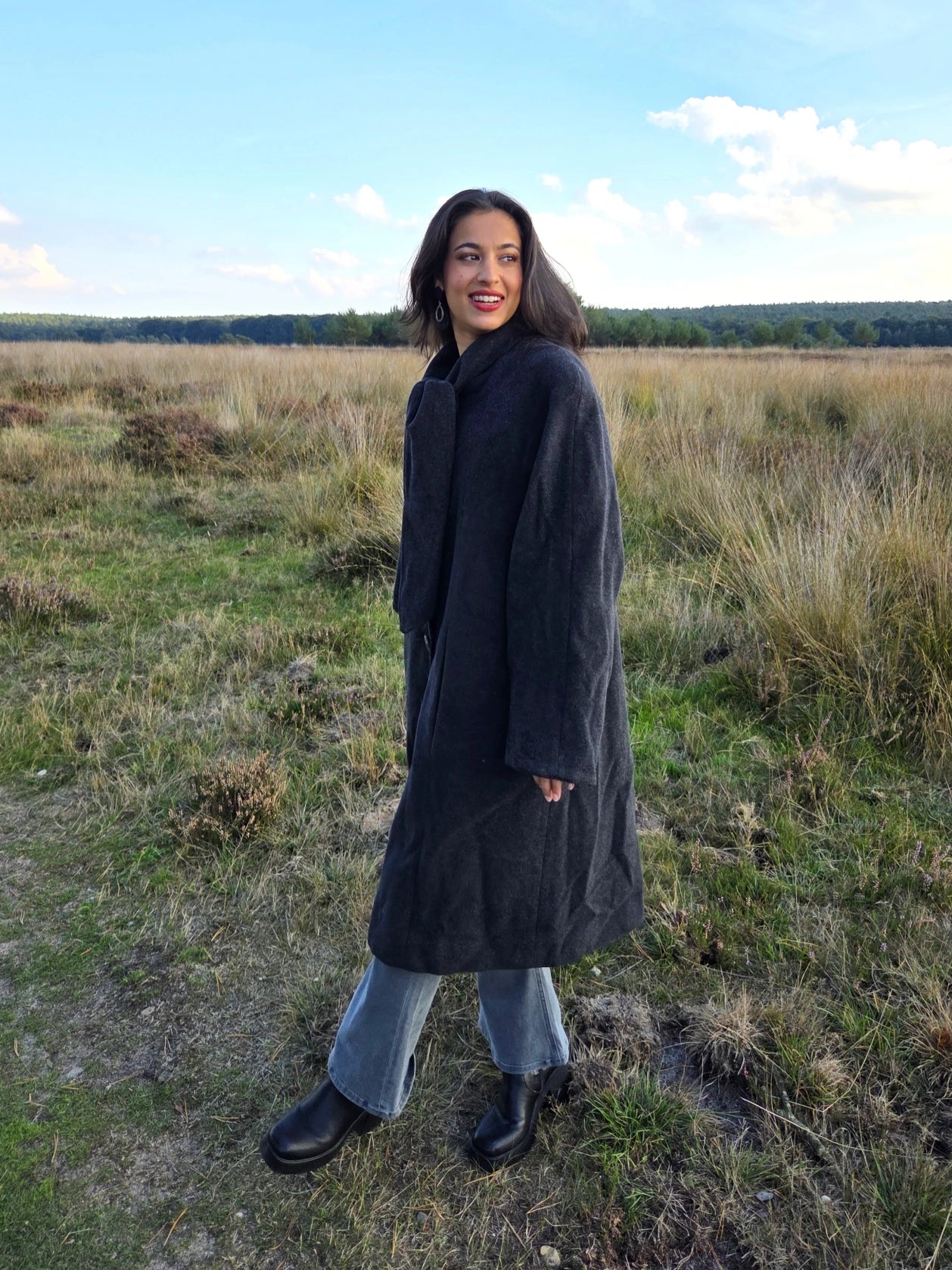 Lange donkergrijze vintage mantel van wol en kasjmier | M/L
