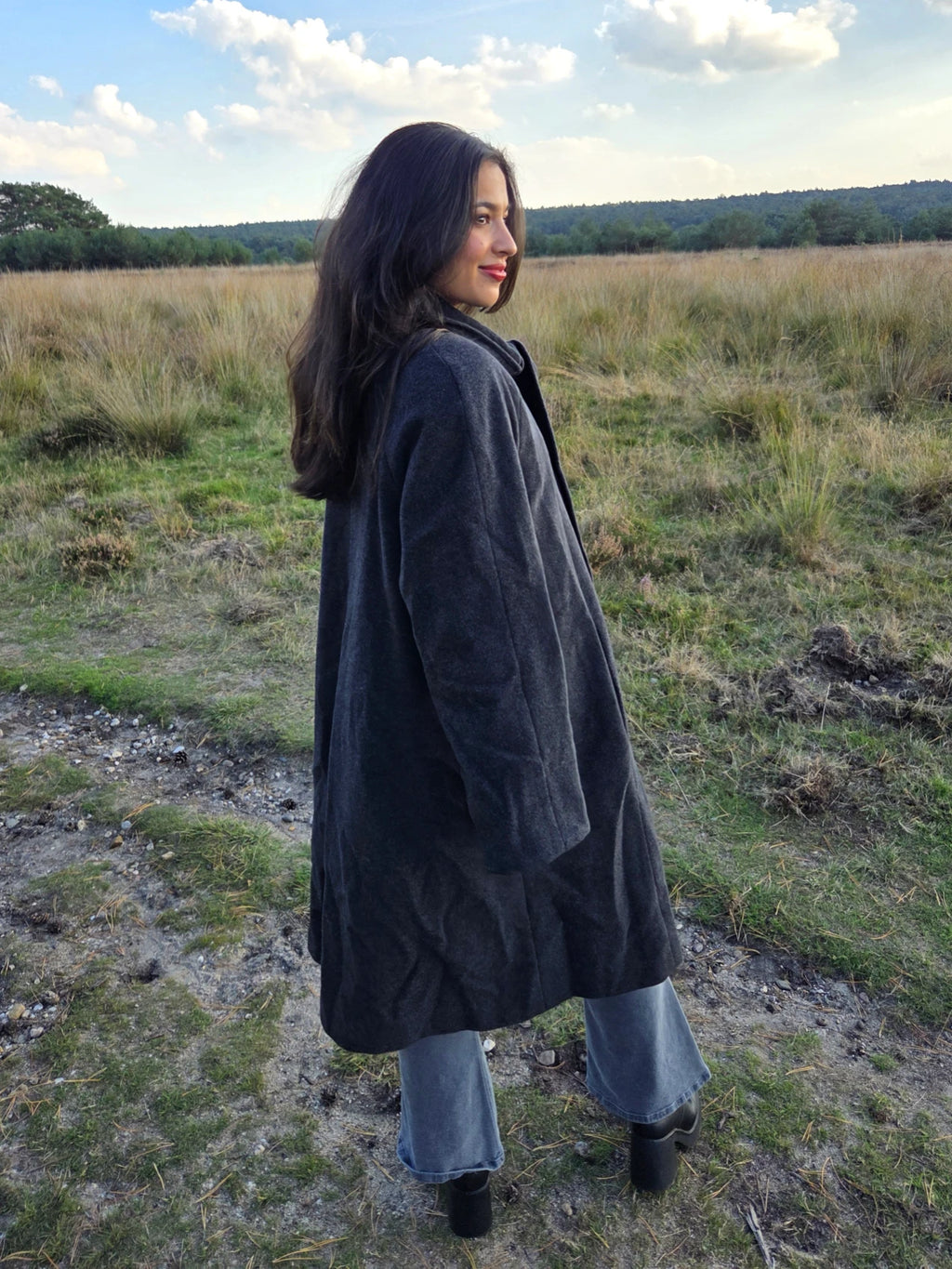 Lange donkergrijze vintage mantel van wol en kasjmier | M/L