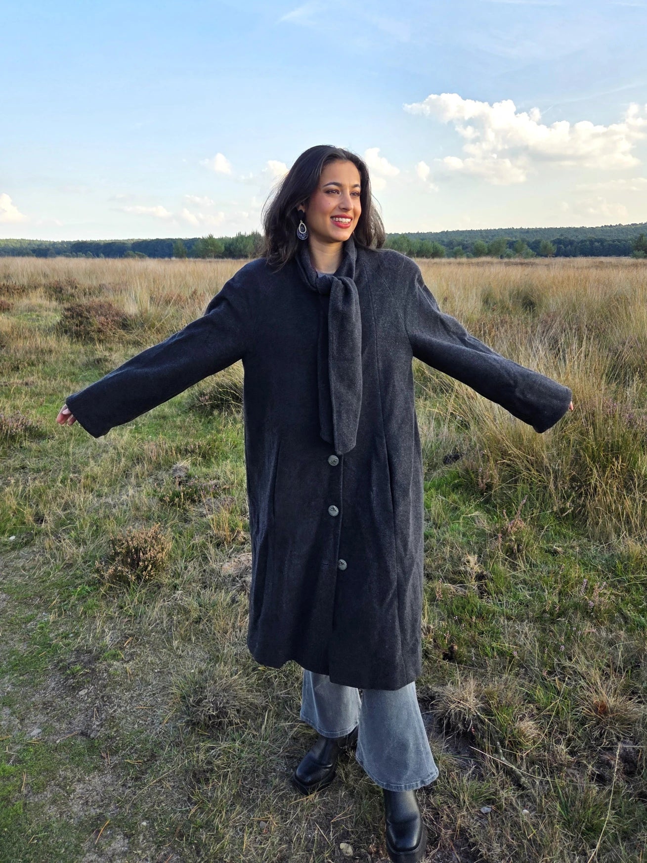 Lange donkergrijze vintage mantel van wol en kasjmier | M/L
