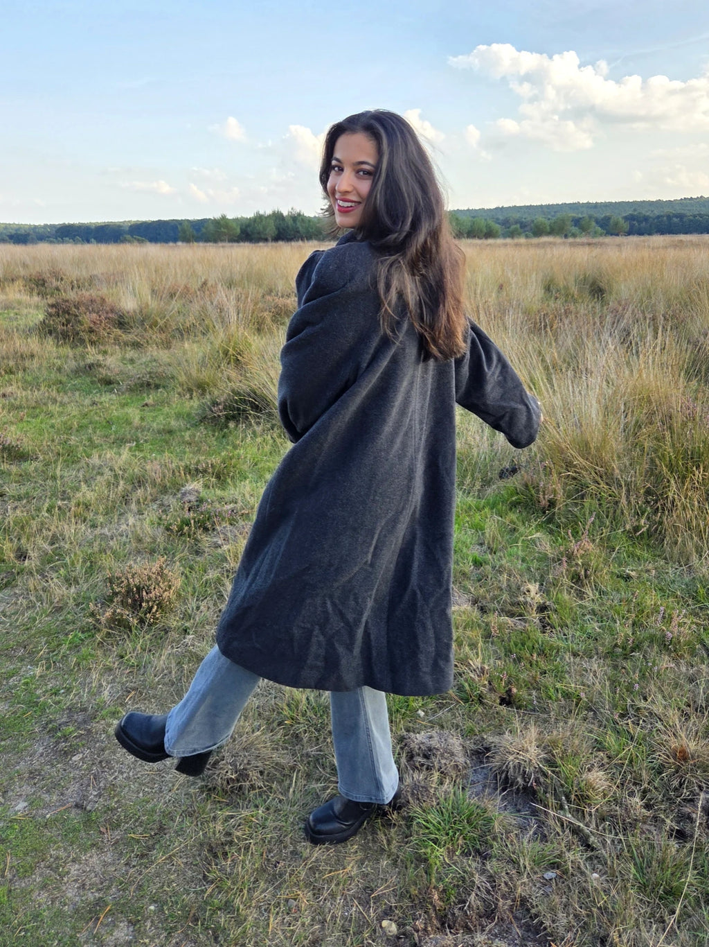 Lange donkergrijze vintage mantel van wol en kasjmier | M/L