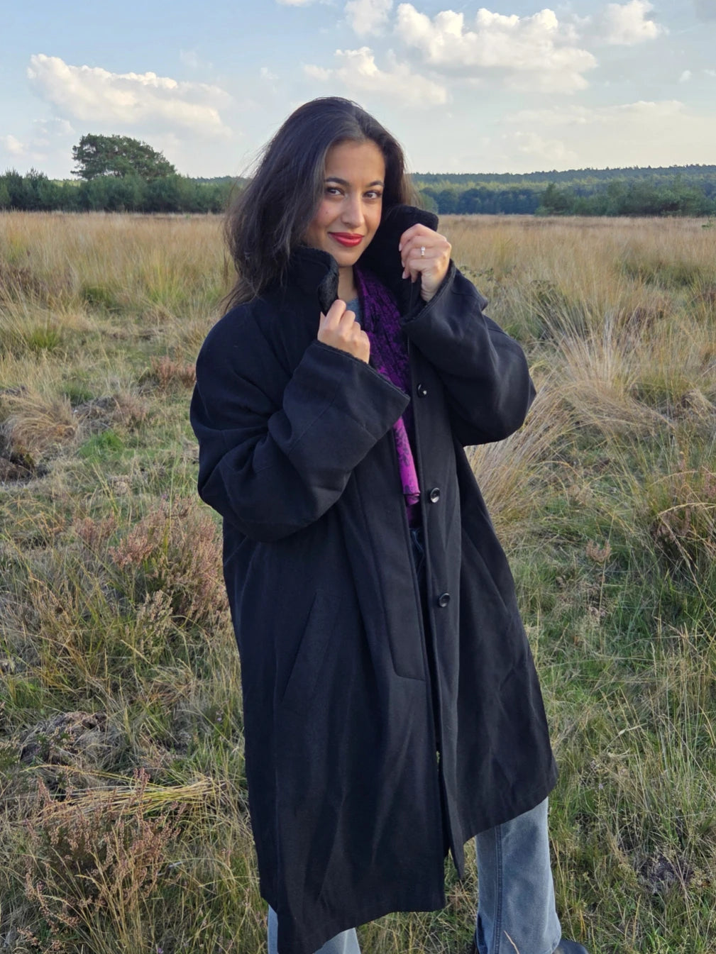 Zwarte vintage winterjas met verborgen rits | L