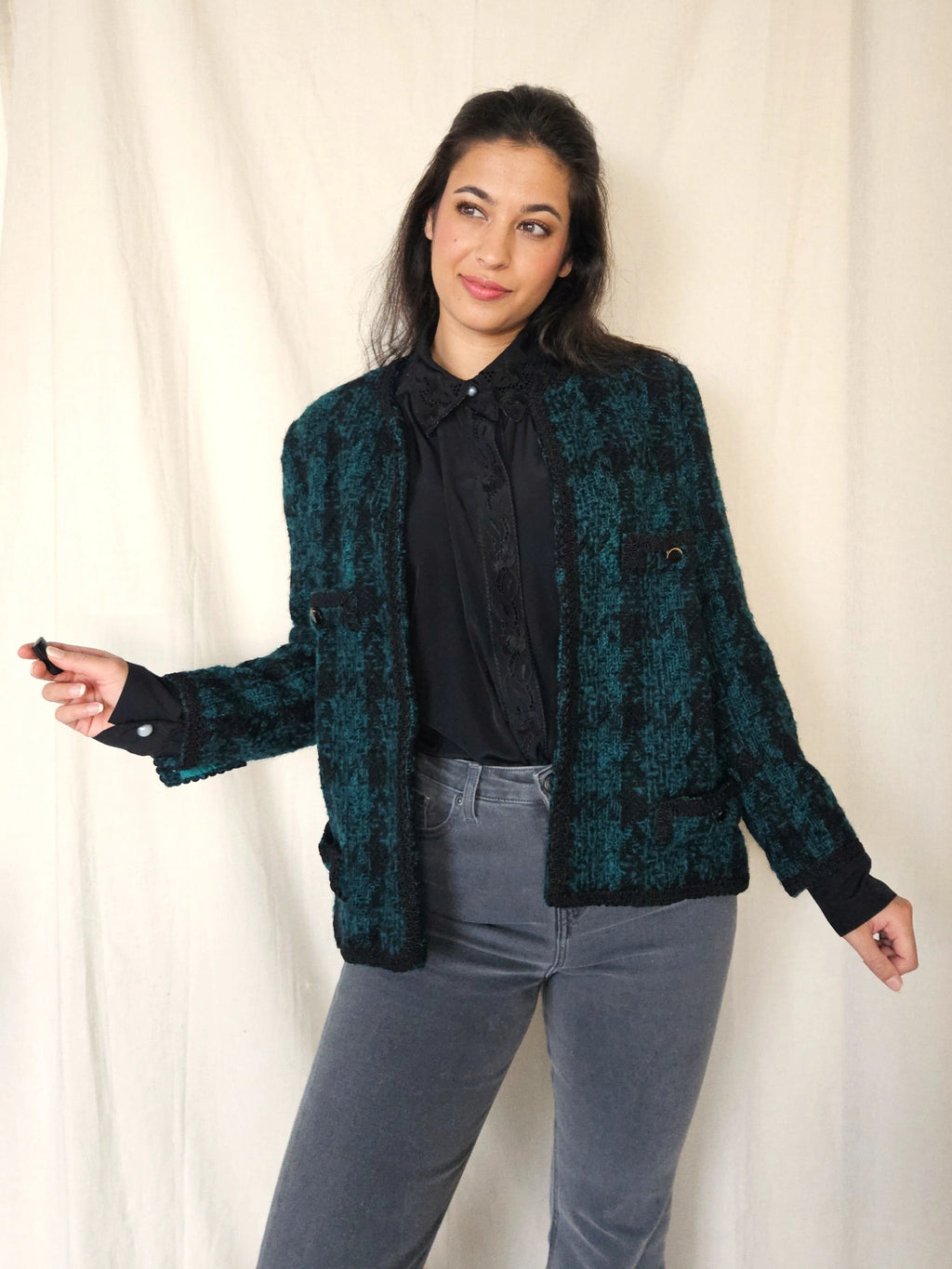 Donkergroen bouclé vintage jasje | S