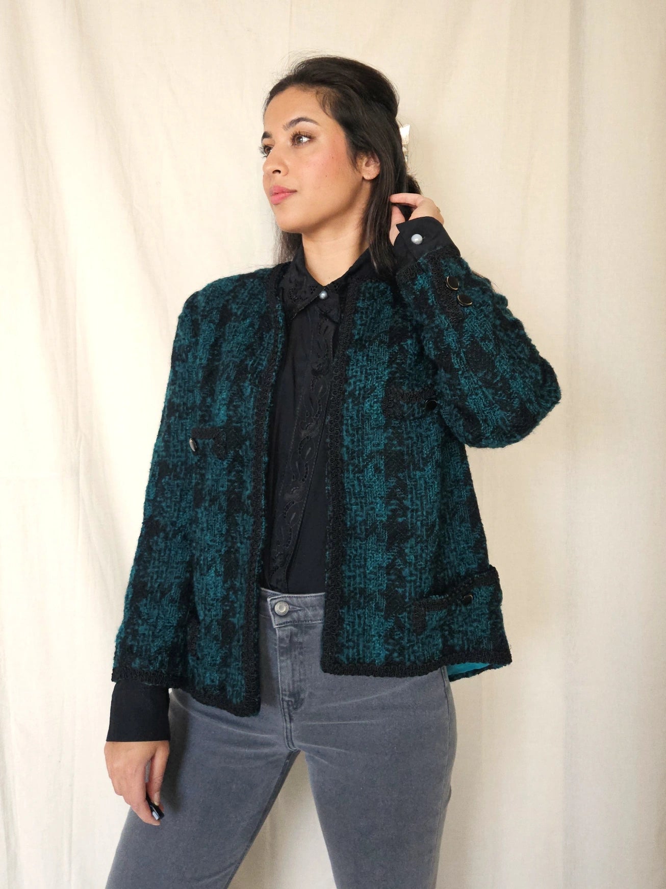 Donkergroen bouclé vintage jasje | S