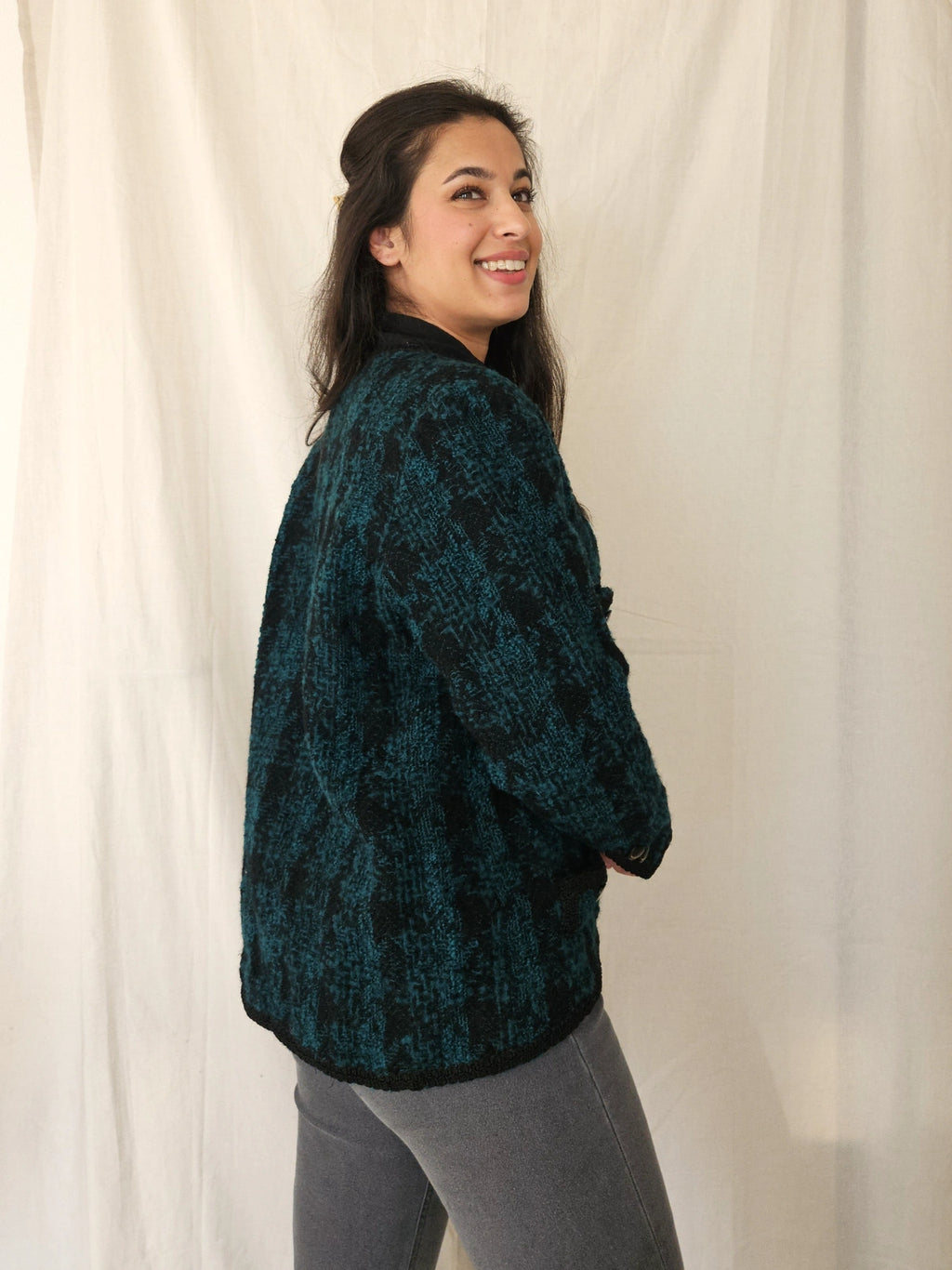 Donkergroen bouclé vintage jasje | S