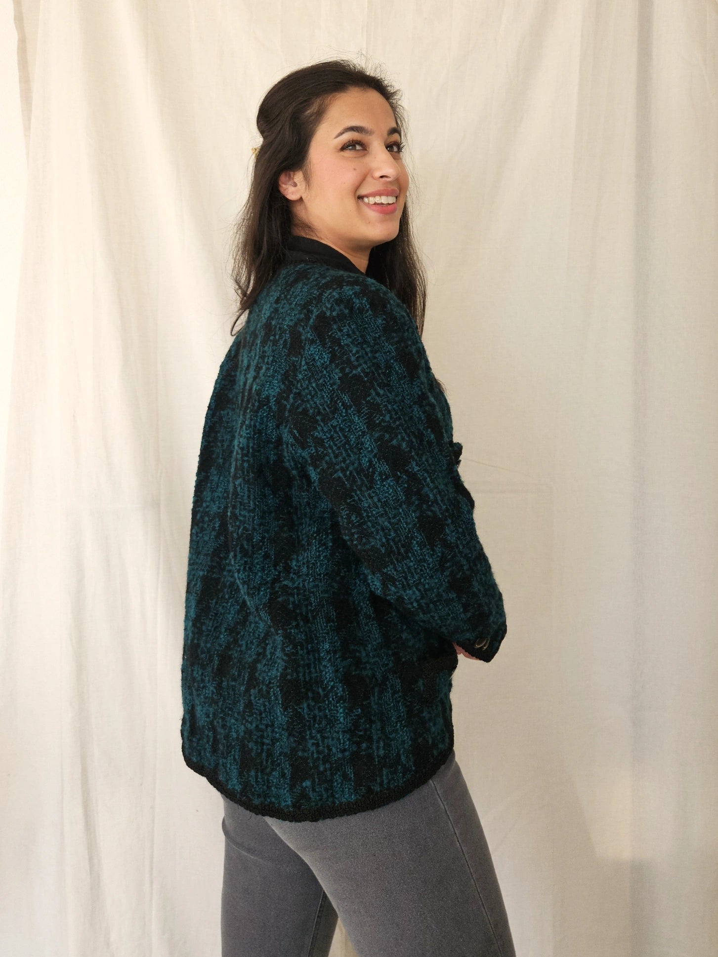 Donkergroen bouclé vintage jasje | S