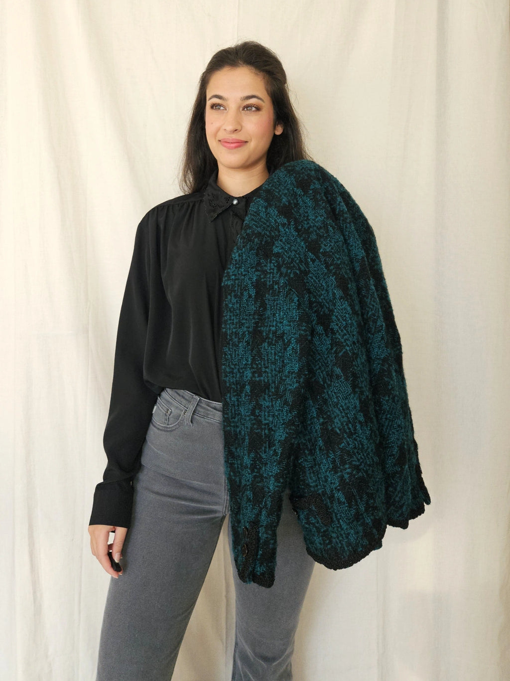 Donkergroen bouclé vintage jasje | S