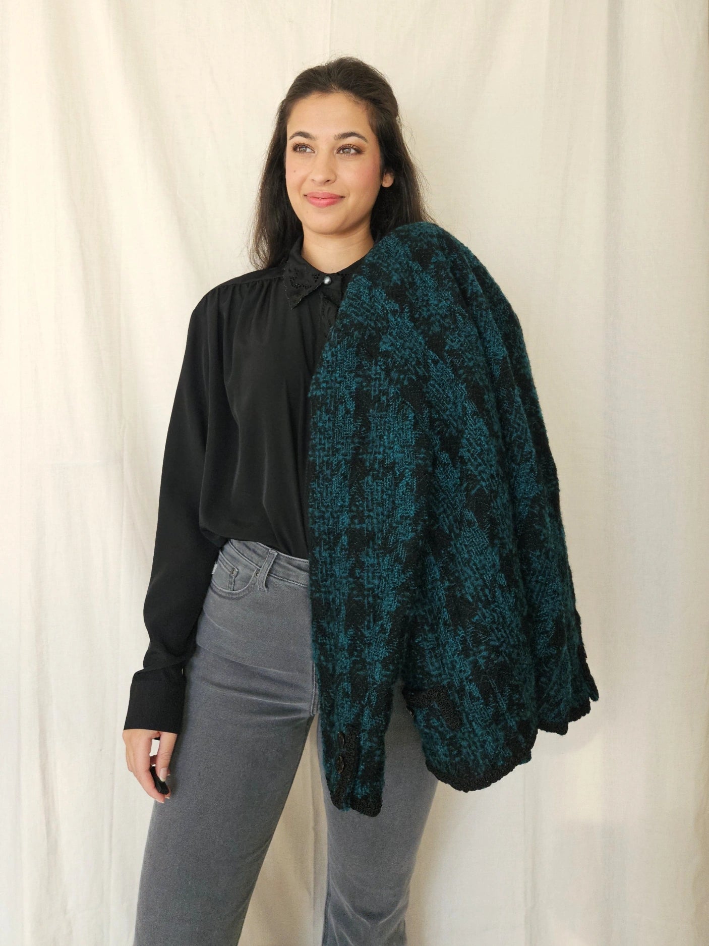 Donkergroen bouclé vintage jasje | S