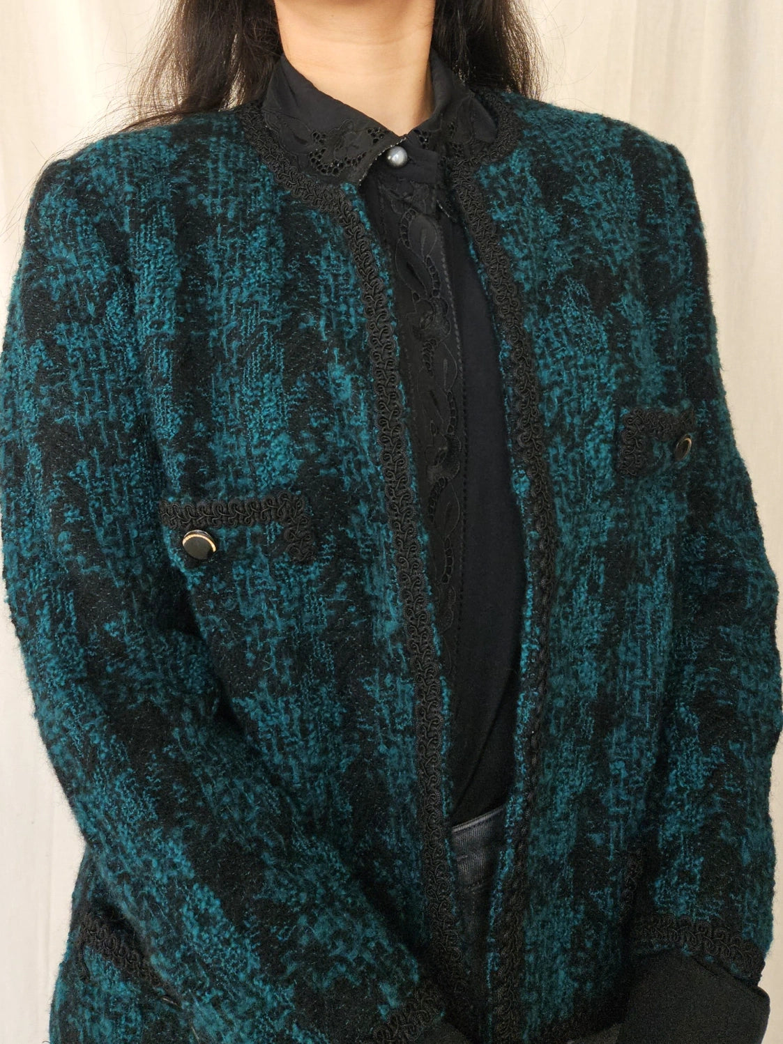 Donkergroen bouclé vintage jasje | S