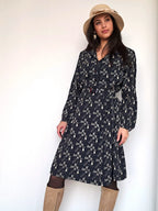 donkerblauwe vintage jurk met print