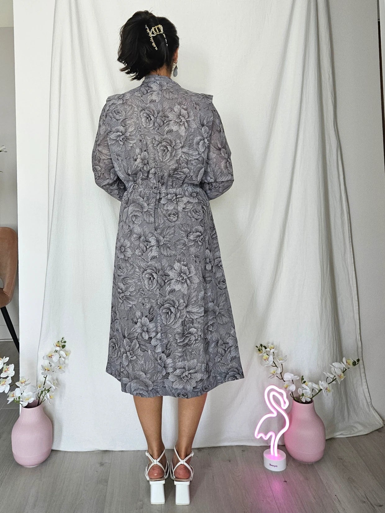 Grijze vintage jurk met bloemenpatroon en pussy bow | XL