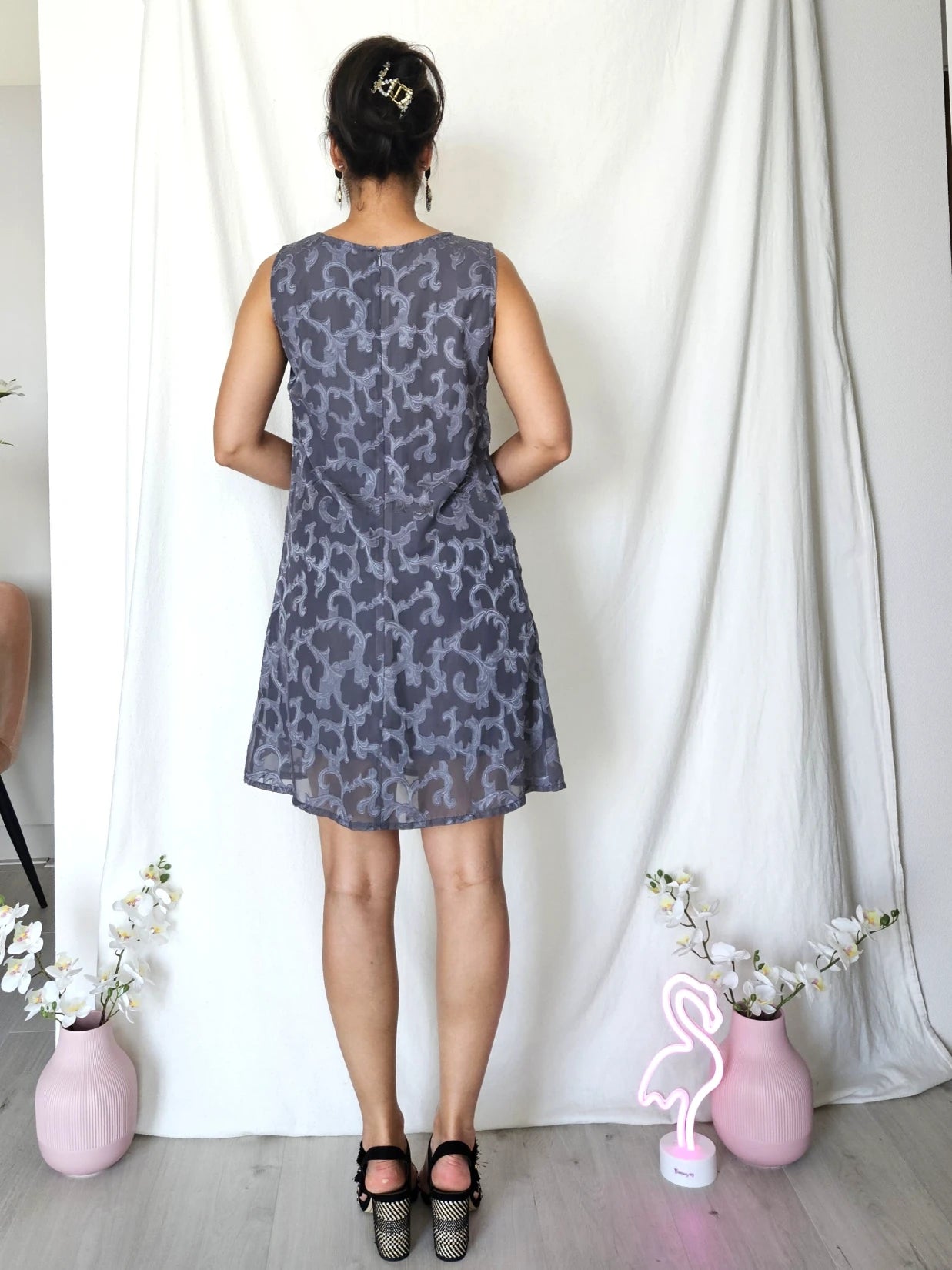 Vintage cocktailjurk met grijs patroon | S